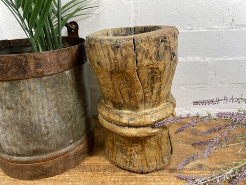 Vintage Antique Rustic Wabi Sabi Hand Carved Wooden Mortar Bowl Candle Holder