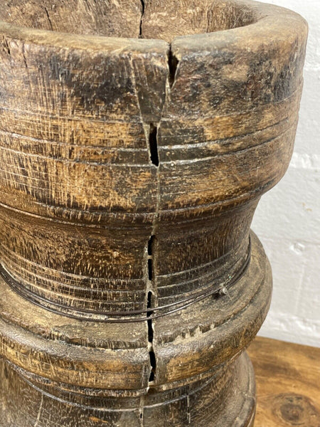 Vintage Antique Rustic Wabi Sabi Hand Carved Wooden Mortar Bowl Candle Holder