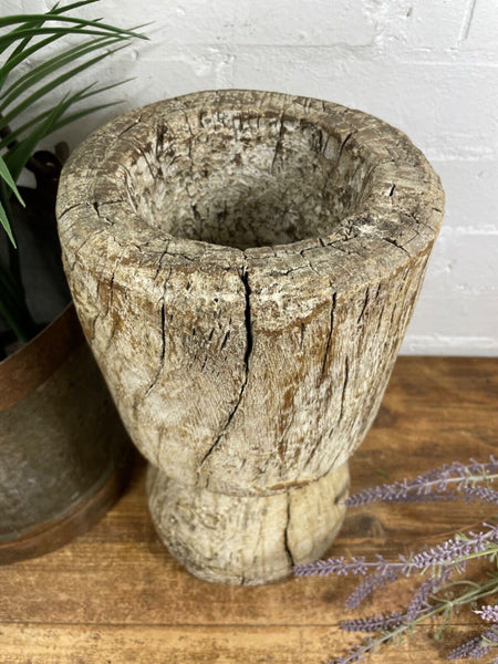 Vintage Antique Rustic Wabi Sabi Hand Carved Wooden Mortar Bowl Candle Holder