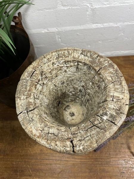 Vintage Antique Rustic Wabi Sabi Hand Carved Wooden Mortar Bowl Candle Holder