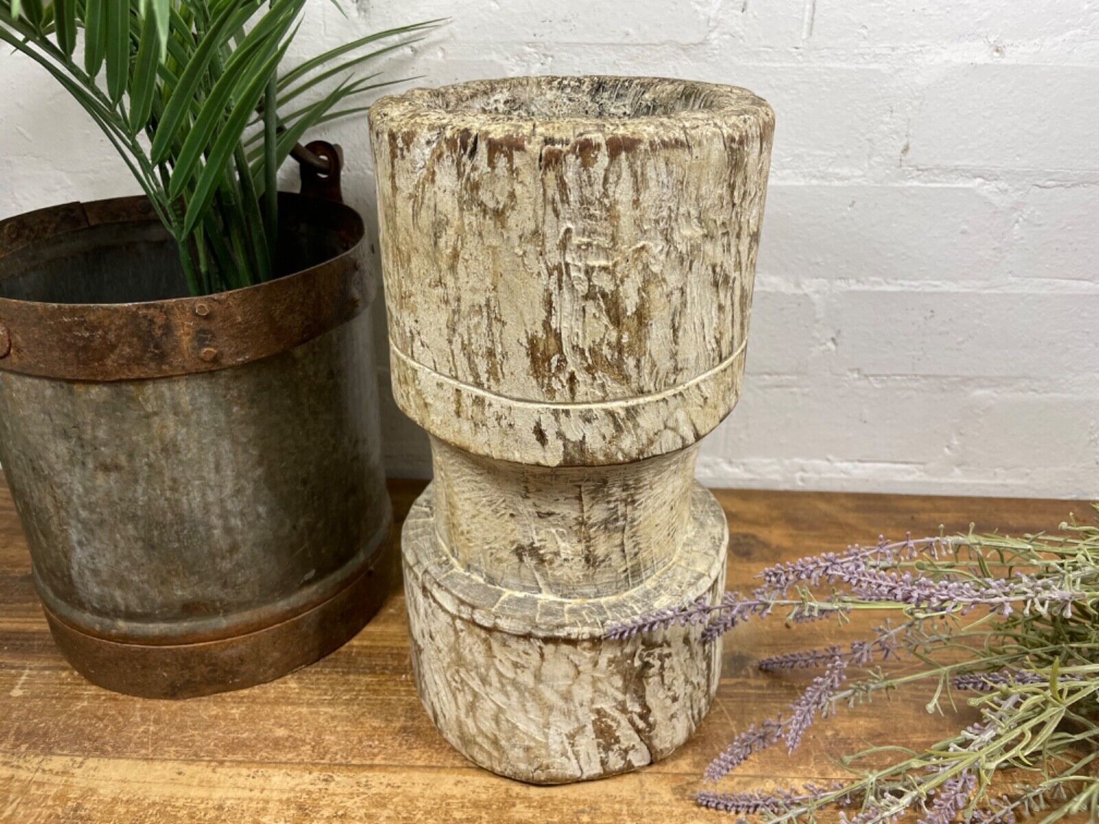 Vintage Antique Rustic Wabi Sabi Hand Carved Wooden Mortar Bowl Candle Holder