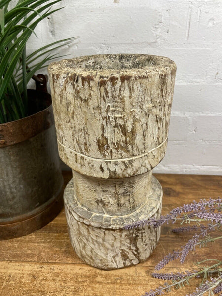 Vintage Antique Rustic Wabi Sabi Hand Carved Wooden Mortar Bowl Candle Holder