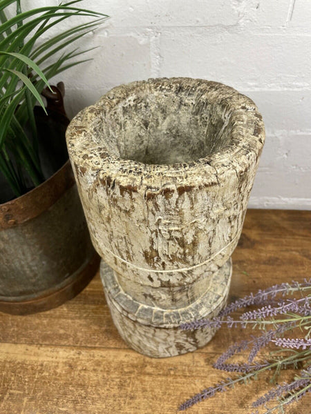 Vintage Antique Rustic Wabi Sabi Hand Carved Wooden Mortar Bowl Candle Holder