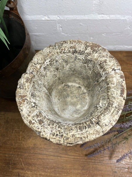 Vintage Antique Rustic Wabi Sabi Hand Carved Wooden Mortar Bowl Candle Holder