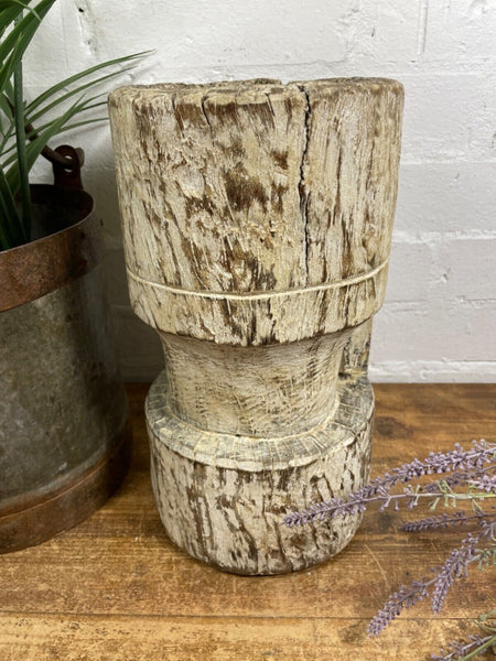 Vintage Antique Rustic Wabi Sabi Hand Carved Wooden Mortar Bowl Candle Holder