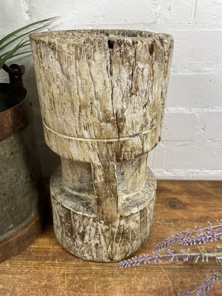 Vintage Antique Rustic Wabi Sabi Hand Carved Wooden Mortar Bowl Candle Holder
