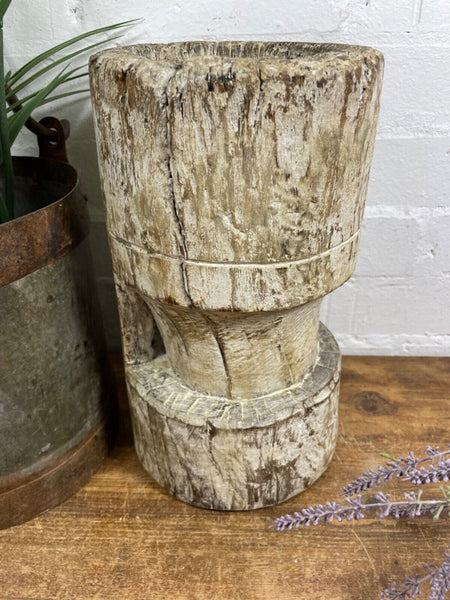 Vintage Antique Rustic Wabi Sabi Hand Carved Wooden Mortar Bowl Candle Holder