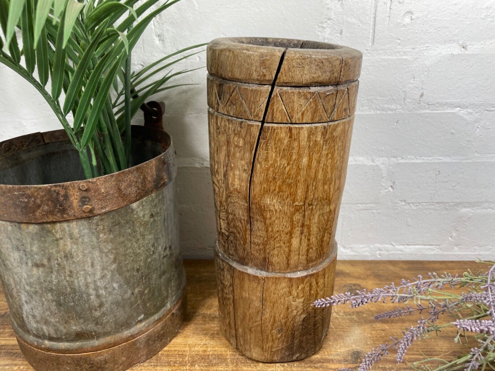 Vintage Antique Rustic Wabi Sabi Hand Carved Wooden Mortar Bowl Candle Holder