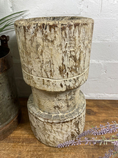 Vintage Antique Rustic Wabi Sabi Hand Carved Wooden Mortar Bowl Candle Holder