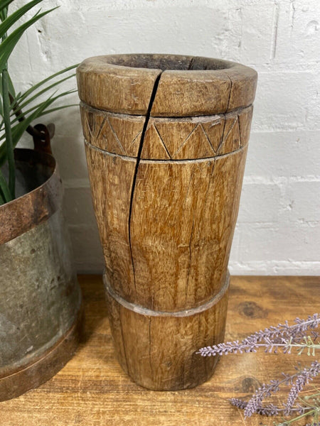 Vintage Antique Rustic Wabi Sabi Hand Carved Wooden Mortar Bowl Candle Holder