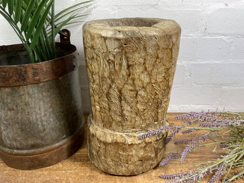 Vintage Antique Rustic Wabi Sabi Hand Carved Wooden Mortar Bowl Candle Holder