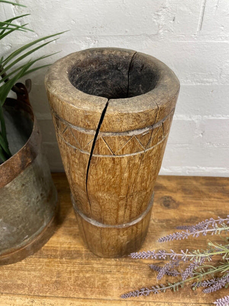 Vintage Antique Rustic Wabi Sabi Hand Carved Wooden Mortar Bowl Candle Holder