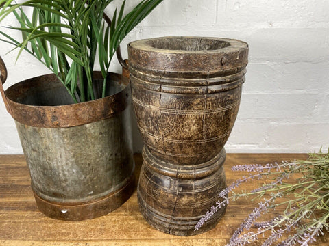 Vintage Antique Rustic Wabi Sabi Hand Carved Wooden Mortar Bowl Candle Holder