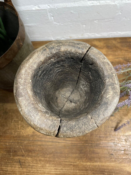 Vintage Antique Rustic Wabi Sabi Hand Carved Wooden Mortar Bowl Candle Holder