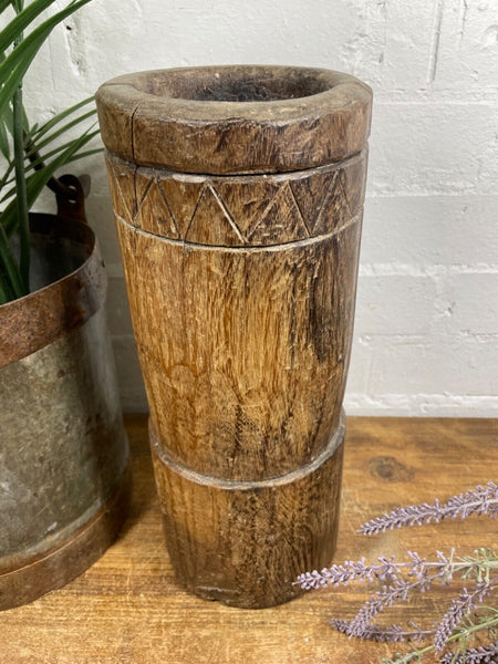 Vintage Antique Rustic Wabi Sabi Hand Carved Wooden Mortar Bowl Candle Holder