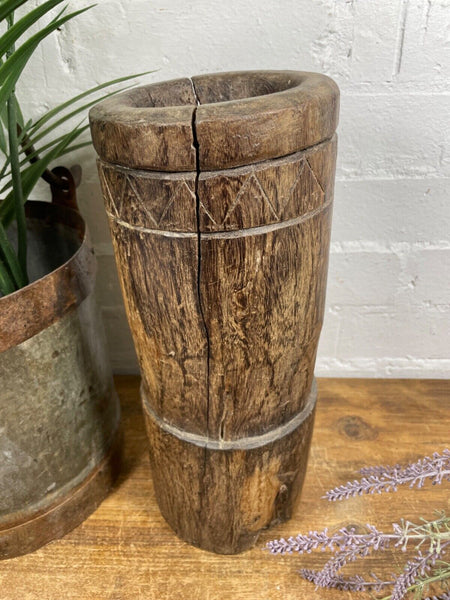 Vintage Antique Rustic Wabi Sabi Hand Carved Wooden Mortar Bowl Candle Holder