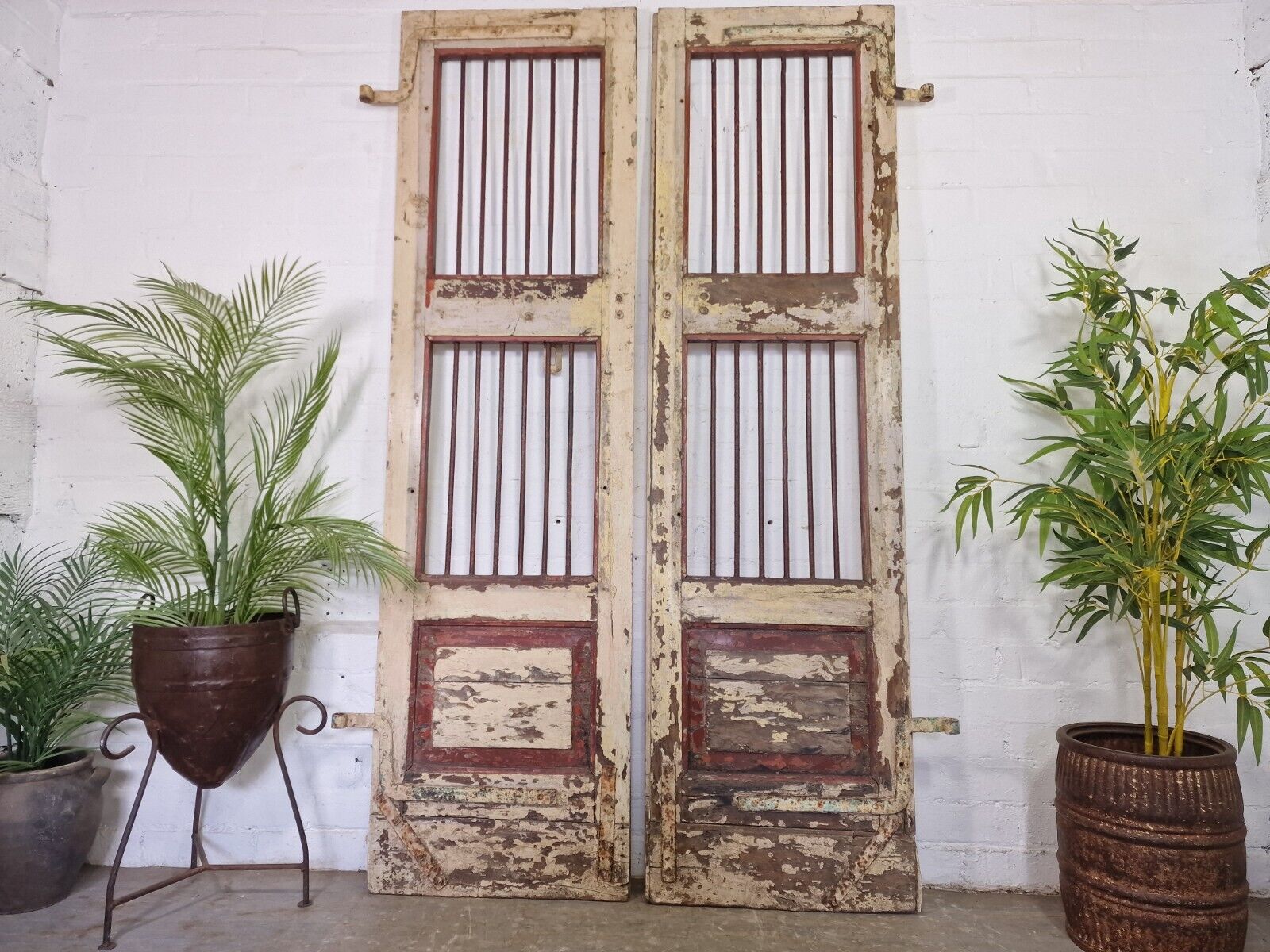 Old Pair Vintage Reclaimed Indian Wooden Iron Doors Shutters Garden Gates Screen