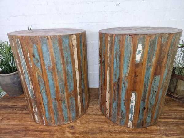 Vintage Rustic Reclaimed Boatwood Barrel Bed Side Coffee lamp Table
