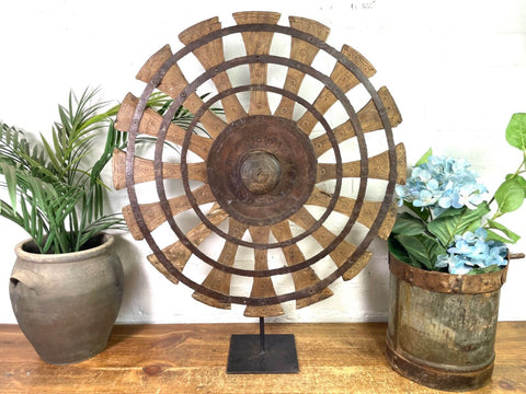 Vintage Rustic Antique Indian Silk Spinning Charkha Wheel Sculpture on Stand