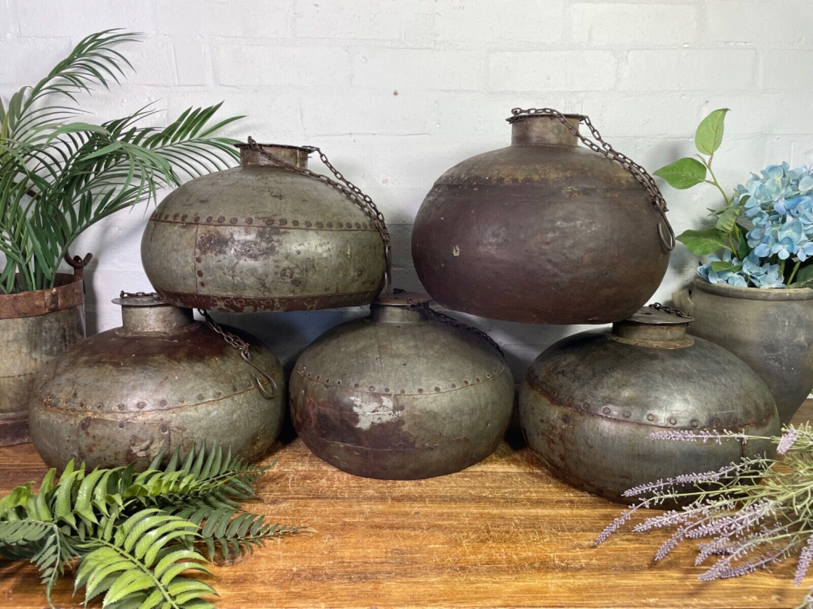 Vintage Rustic Hand Beaten Riveted Indian Industrial Hanging Light Lamp Shade