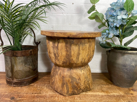 Vintage Rustic Wabi Sabi Hand Carved Indian Wooden Mortar Side Lamp Drinks Table