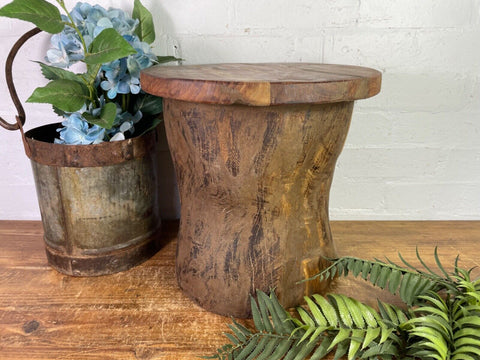 Vintage Rustic Wabi Sabi Hand Carved Indian Wooden Mortar Side Lamp Drinks Table
