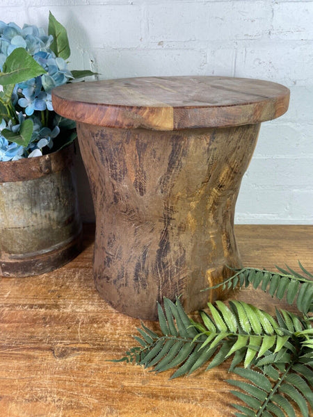 Vintage Rustic Wabi Sabi Hand Carved Indian Wooden Mortar Side Lamp Drinks Table