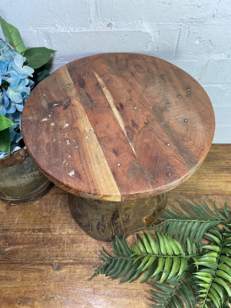 Vintage Rustic Wabi Sabi Hand Carved Indian Wooden Mortar Side Lamp Drinks Table