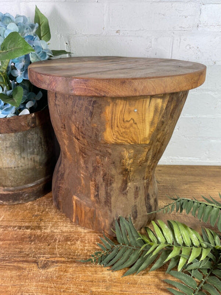 Vintage Rustic Wabi Sabi Hand Carved Indian Wooden Mortar Side Lamp Drinks Table