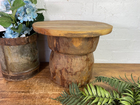 Vintage Rustic Wabi Sabi Hand Carved Indian Wooden Mortar Side Lamp Drinks Table