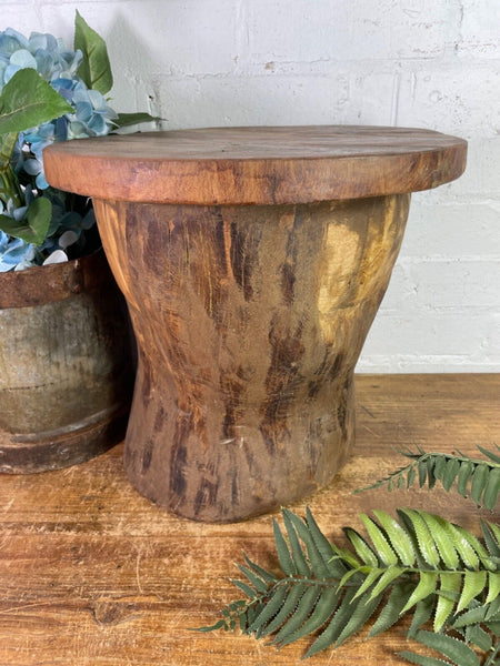 Vintage Rustic Wabi Sabi Hand Carved Indian Wooden Mortar Side Lamp Drinks Table