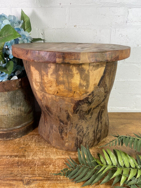 Vintage Rustic Wabi Sabi Hand Carved Indian Wooden Mortar Side Lamp Drinks Table