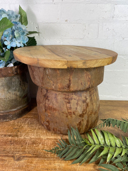 Vintage Rustic Wabi Sabi Hand Carved Indian Wooden Mortar Side Lamp Drinks Table