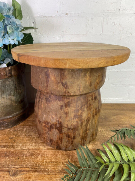Vintage Rustic Wabi Sabi Hand Carved Indian Wooden Mortar Side Lamp Drinks Table
