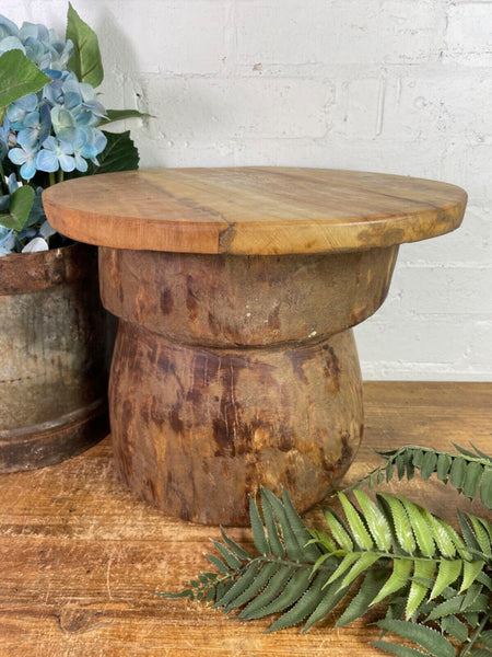 Vintage Rustic Wabi Sabi Hand Carved Indian Wooden Mortar Side Lamp Drinks Table