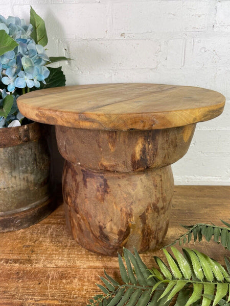 Vintage Rustic Wabi Sabi Hand Carved Indian Wooden Mortar Side Lamp Drinks Table