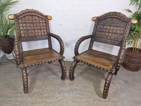 Pair Antique Indian 19th Century Solid Wooden Ox Cart Arm Chair Fire Side Seats