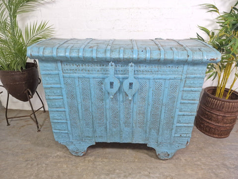Large Vintage Antique Indian Blue Banded Dowry Chest Trunk Blanket Box On Wheels