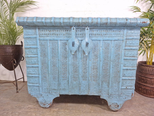 Large Vintage Antique Indian Blue Banded Dowry Chest Trunk Blanket Box On Wheels