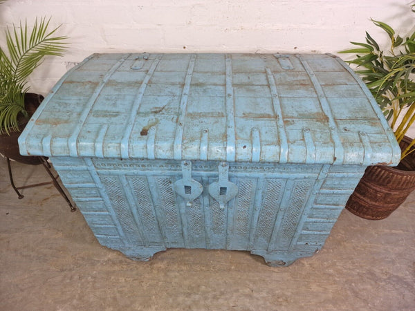Large Vintage Antique Indian Blue Banded Dowry Chest Trunk Blanket Box On Wheels