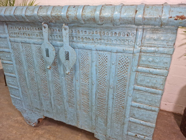 Large Vintage Antique Indian Blue Banded Dowry Chest Trunk Blanket Box On Wheels