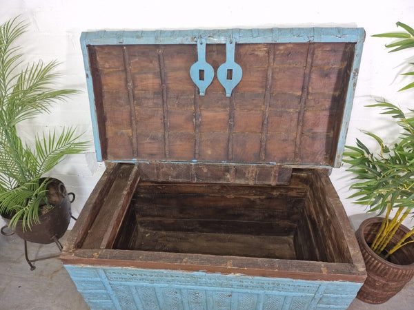Large Vintage Antique Indian Blue Banded Dowry Chest Trunk Blanket Box On Wheels