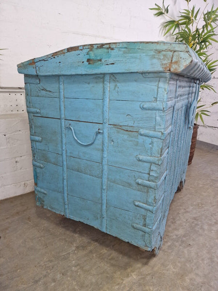 Large Vintage Antique Indian Blue Banded Dowry Chest Trunk Blanket Box On Wheels
