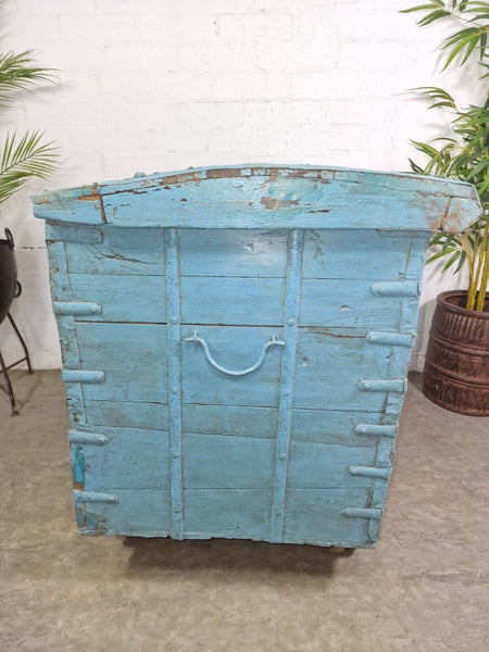 Large Vintage Antique Indian Blue Banded Dowry Chest Trunk Blanket Box On Wheels
