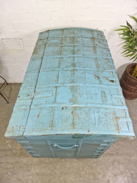 Large Vintage Antique Indian Blue Banded Dowry Chest Trunk Blanket Box On Wheels