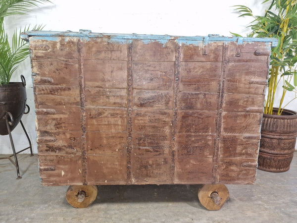 Large Vintage Antique Indian Blue Banded Dowry Chest Trunk Blanket Box On Wheels