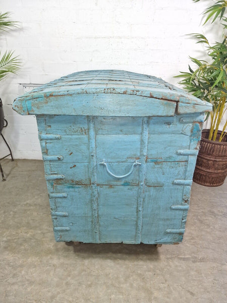 Large Vintage Antique Indian Blue Banded Dowry Chest Trunk Blanket Box On Wheels