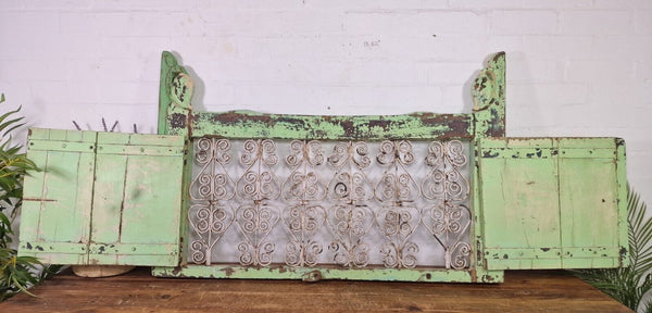 Large Vintage Indian Solid Wooden Window Frame Shutters Wrought Iron Bars
