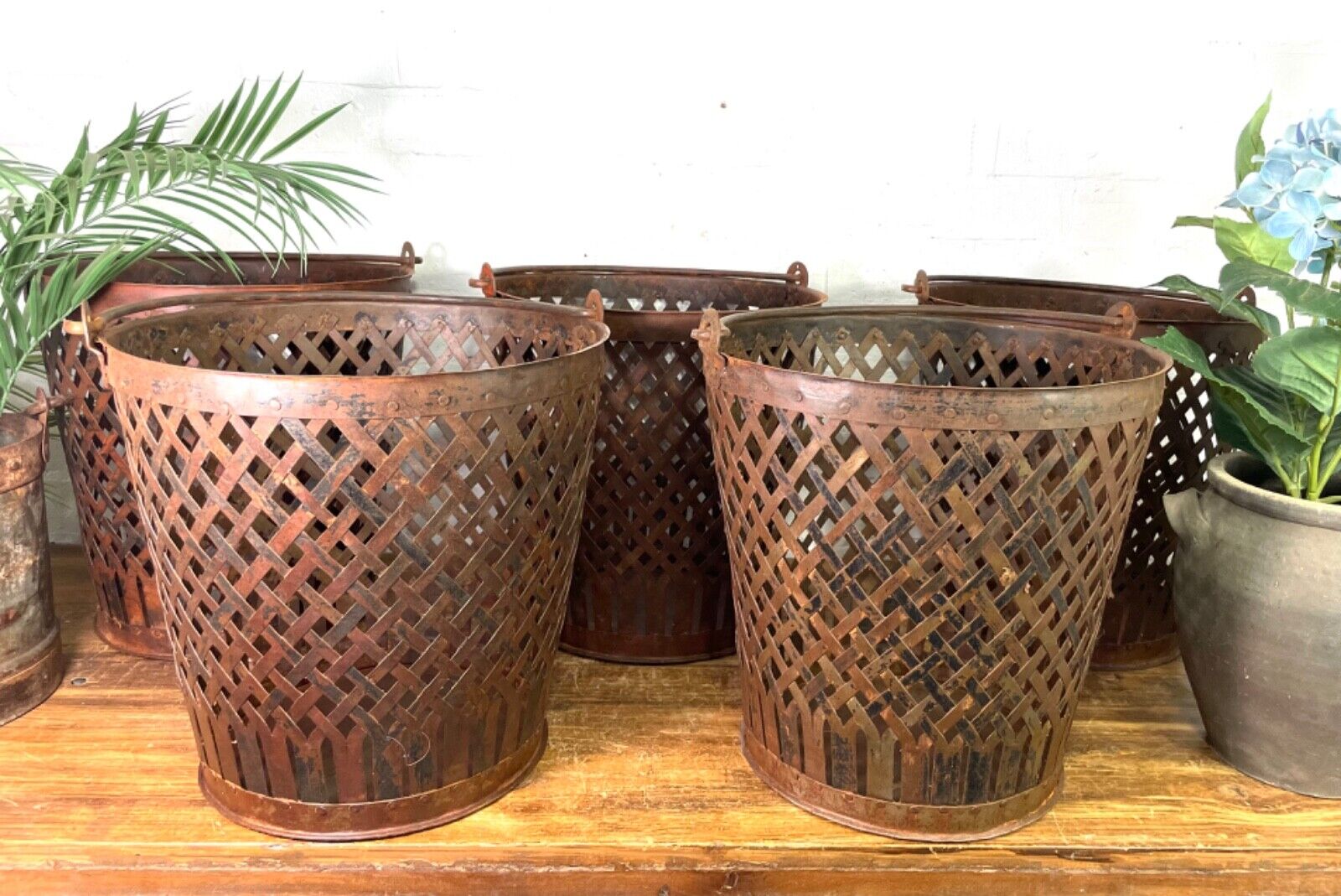 Rustic Reclaimed Metal Lattice Bucket Log Kindling Basket Waste Paper Bin