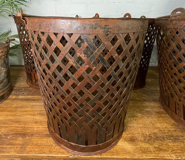 Rustic Reclaimed Metal Lattice Bucket Log Kindling Basket Waste Paper Bin